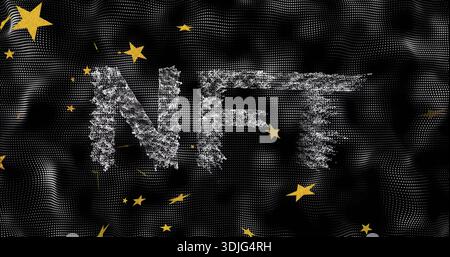 Displaying fragmented NFT shimmering with silver particles over black dotted wavy mesh, gold stars Stock Photo