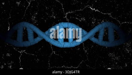 Floating blue double-helix glowing over dark marbled backdrop, showing tubular segments and rungs Stock Photo