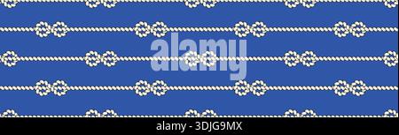 Nautical rope stripe pattern. Braided cord lines with knot ties on blue bg. Vintage sailor or pirate ornament Stock Vector