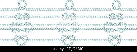 Rope divider lines collection. Twisted rope strokes with knots and ring loops. Nautical vector elements Stock Vector