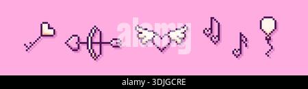 Pixel art Happy Valentine's Day pink elements. Key, bow and arrow, heart with wings, notes and a balloon. Stock Vector