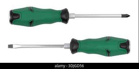 Slotted screwdriver and phillips screwdriver green colors isolated on white background. Stock Photo
