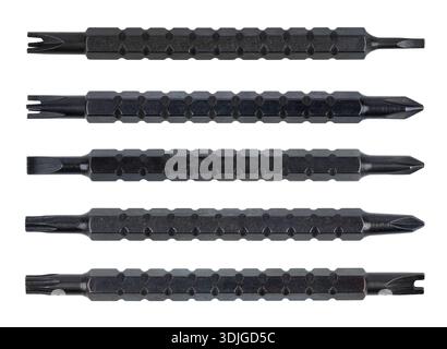 Screwdriver bits, different designs on white background. Stock Photo