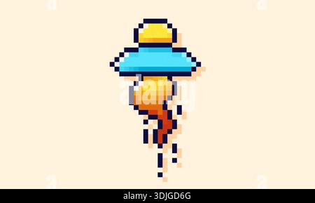 Pixel art game UFO. Space saucer with Jet stream. Stock Vector