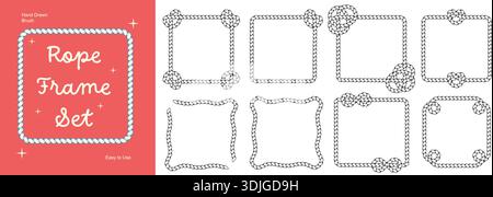 Square rope brush border frames. Twisted cord borders with decorative knots Stock Vector