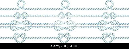 Rope divider lines collection. Twisted rope strokes with knots and ring loops. Nautical vector elements Stock Vector