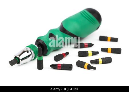 Screwdriver tips different shapes and sizes. Manual screwdriver and set of the interchangeable bits. Precision Screwdriver Kit. Steel Precision Magnet Stock Photo