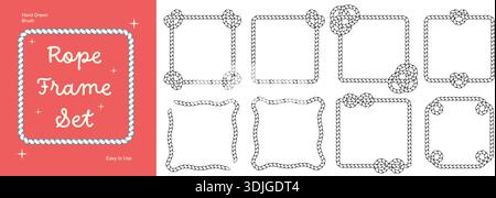 Square rope brush border frames. Twisted cord borders with decorative knots Stock Vector