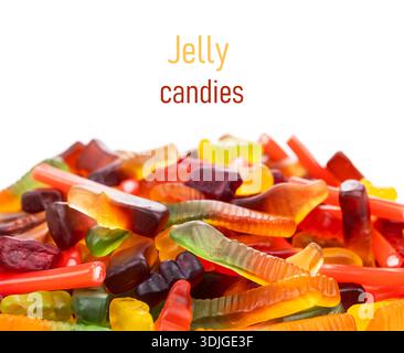 assorted jelly candies floating on white background. Stock Photo