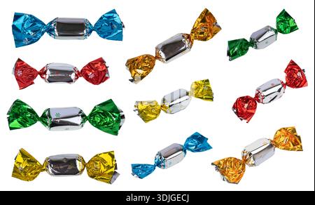 Candies in bright wrappers falling on white background, Stock Photo