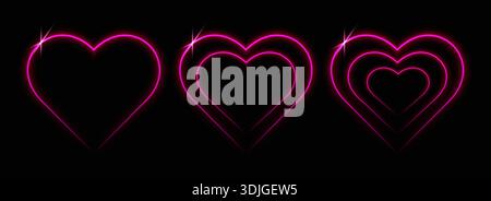 Set of pink glowing laser heart-shaped frames isolated on a black background. Abstract vector illustration. Stock Vector