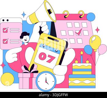 Event Planner Vector Illustration Featuring Party Decorations, Scheduling, Time Management, Business Agenda, And Calendar In Flat Style Background Stock Vector