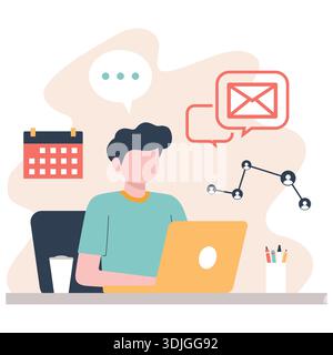 Man working on laptop with floating schedule and communication icons. Stock Vector