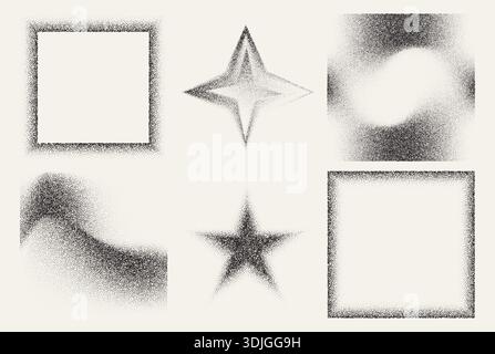 Grainy gradient texture square frames with vintage noise or spray effect and abstract dust patterns on white background. Vector illustration, grunge borders, stars and waves for retro design Stock Vector