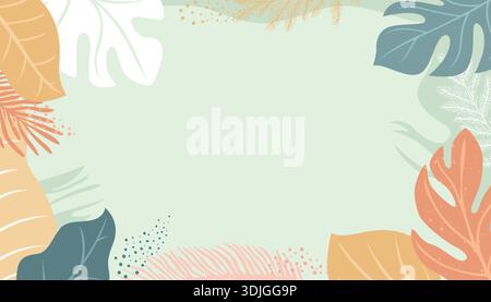 Pastel colored tropical leaves border frame on green background. Stock Vector