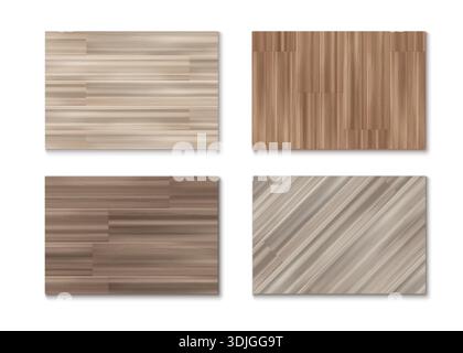 Wooden floor texture with parquet pattern, set of vector illustration. Light oak and pine planks top view, realistic interior design for modern rooms with natural wood grain effect. Stock Vector