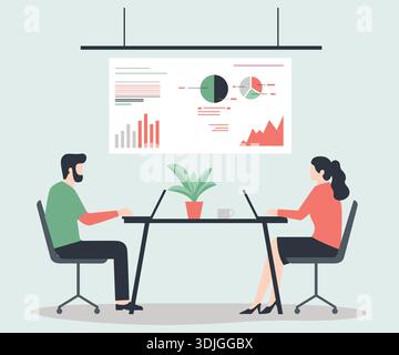Two colleagues analyzing business data charts on a large screen. Stock Vector