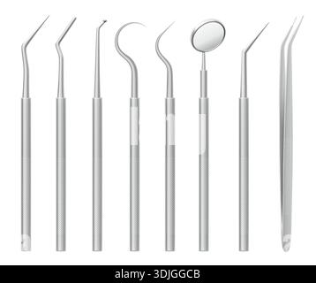 3D dental care tools set isolated on white background. Vector realistic illustration of tooth treatment equipment, dentist clinic ad banner design elements, mouth mirror and hygiene instruments Stock Vector