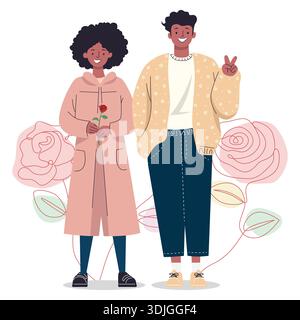 Happy young African American couple standing together with a rose. Stock Vector