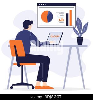 Businessman working on laptop analyzing data charts on large screen. Stock Vector