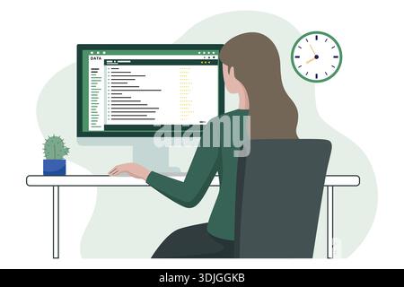 Woman sitting at desk working on desktop computer with data. Stock Vector