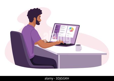 Man working on laptop at desk analyzing data charts. Stock Vector