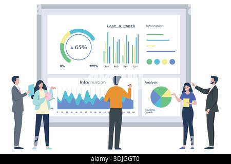 Businesspeople analyzing financial data on large screen. Stock Vector