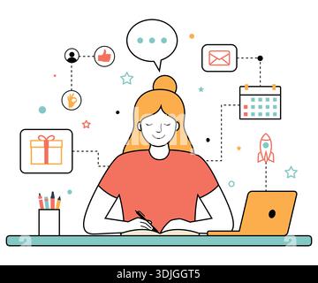 Woman working at desk with various social media marketing icons. Stock Vector