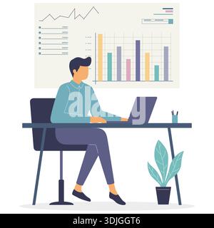Businessman working on laptop with financial charts in the background. Stock Vector