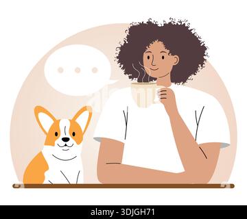Woman drinking hot coffee with her pet dog. Stock Vector