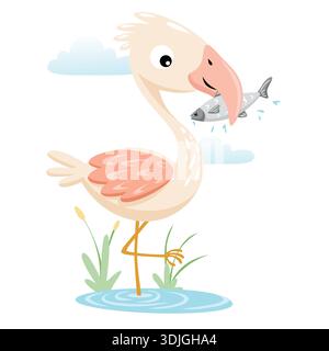Cartoon pink flamingo standing in water with fish in beak. Stock Vector