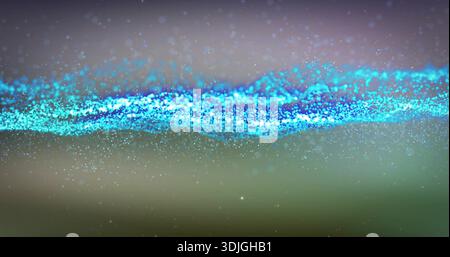 Glowing ribbon of cyan teal particles moving across abstract digital background with bokeh dots Stock Photo