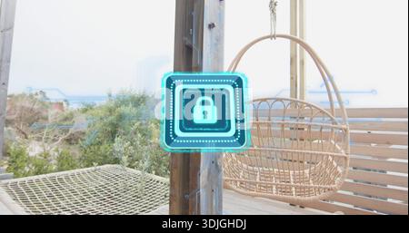 Displaying holographic cyan padlock hovering before wood post on coastal deck, with wicker chair Stock Photo