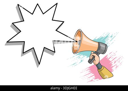 Hand holding orange megaphone with sharp starburst speech bubble. Stock Vector