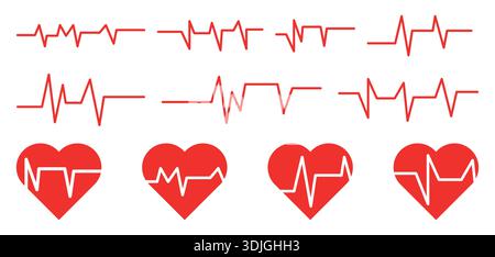 Set of red heart rate monitor pulse EKG lines and heart icons medical cardiology symbols heartbeat lines vector illustration Stock Vector