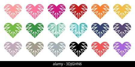Vibrant heart vector set with white geometric zig zag patterns in multiple colors vector illustration for love romantic valentine greeting card design Stock Vector