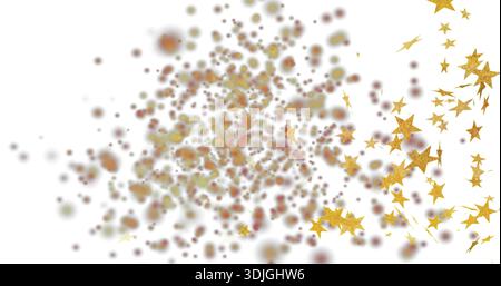 Drifting brown-orange bokeh and gold star confetti across white set with glitter and soft shadows Stock Photo