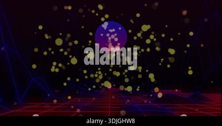 Hovering purple pink orb glowing above red grid in synthwave landscape with floating yellow lights Stock Photo