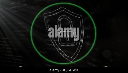 Pulsing dotted shield with padlock inside green ring on dark backdrop, showing diagonal light rays Stock Photo