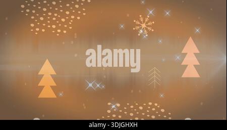 Displaying centered holiday motif glowing on warm brown backdrop with peach trees and snowflake Stock Photo