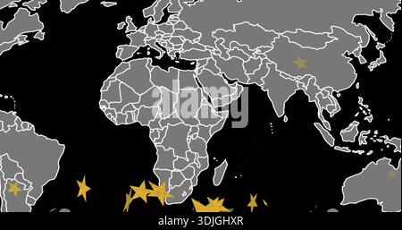 Displaying world map centered on black ocean, showing gray lands, white borders, gold stars Stock Photo