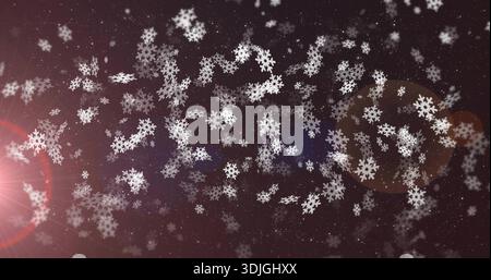 Swirling white geometric flakes drifting in maroon gradient, pink-red flare left, soft bokeh right Stock Photo