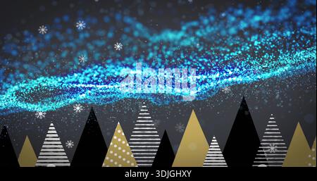 Shimmering blue particle band sweeping across winter night art, with triangular patterned trees Stock Photo