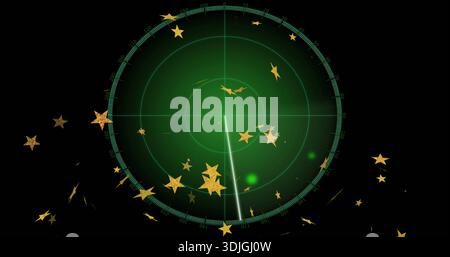 Displaying circular radar with rings sweeping green beam on black background, with gold stars Stock Photo