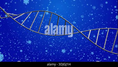 Stretching stylized DNA double helix sliding across blue gradient background, with snowflake motifs Stock Photo