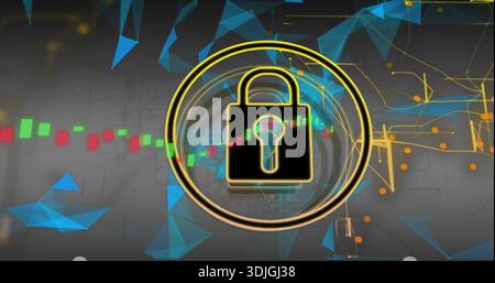 Featuring black padlock glowing in neon rings in studio art, overlaying price bars and blue meshes Stock Photo