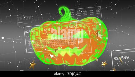 Displaying carved jack-o'-lantern glowing neon rim at studio, with HUD panels and network mesh Stock Photo