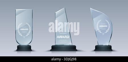 Glass trophy set with elegant laurel wreath engravings on crystal plates. Transparent award collection with unique glass shapes on dark pedestals designs for business or sport recognition ceremonies. Stock Vector