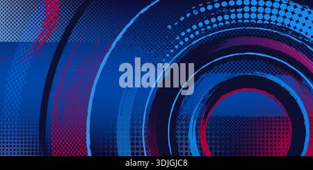 Sport background with dynamic circular halftone patterns in blue and red. Abstract athletic design with concentric rings, gradient transitions and geometric dotted textures for modern sporty posters Stock Vector