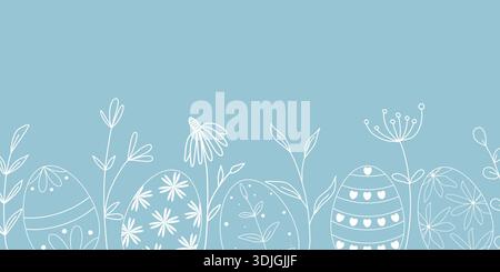 Template with white silhouette of painted eggs, wildflowers and herbs. Horizontal blue background with botanical border. Layout for postcard, banner Stock Vector